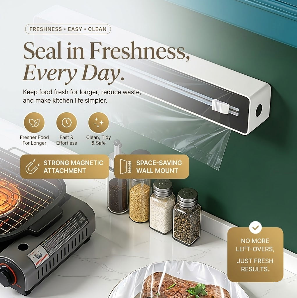 🔥 Reusable Magnetic Cling Film Dispenser with Built-In Precision Cutter