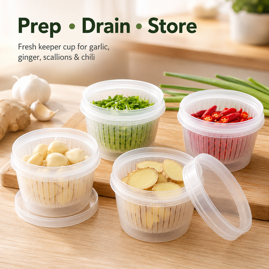 Drain & Store Food Keeper Cup – Detachable Strainer Design for Garlic, Ginger, Scallions & Chili