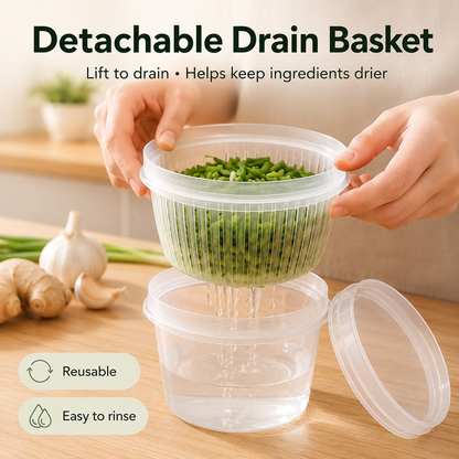Drain & Store Food Keeper Cup – Detachable Strainer Design for Garlic, Ginger, Scallions & Chili
