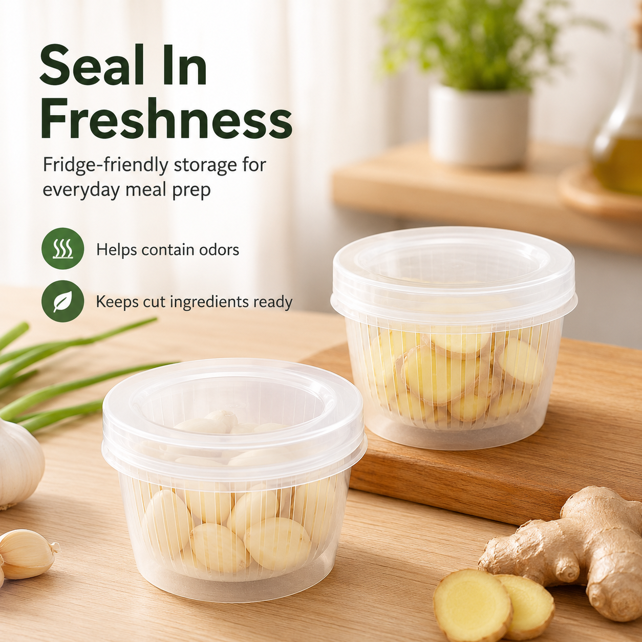 Drain & Store Food Keeper Cup – Detachable Strainer Design for Garlic, Ginger, Scallions & Chili